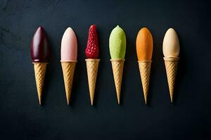 five ice cream cones with different colored ice cream. AI-Generated photo