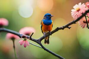 a colorful bird sits on a branch with pink flowers. AI-Generated photo