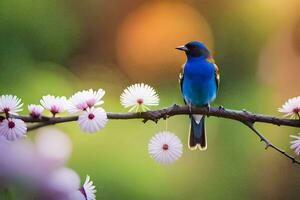 a blue bird sits on a branch with pink flowers. AI-Generated photo