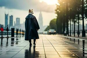 a dog in a coat walking on a wet street. AI-Generated photo
