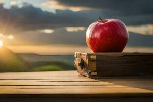 an apple sits on top of a wooden table with the sun setting behind it. AI-Generated photo
