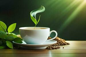 coffee and green leaves on a wooden table. AI-Generated photo