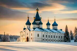 un Iglesia en el nieve con azul cúpulas generado por ai foto