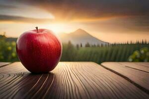 an apple sits on a wooden table in front of a sunset. AI-Generated photo