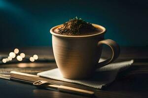 a cup of coffee with a spoon and a wooden spoon on a wooden table. AI-Generated photo