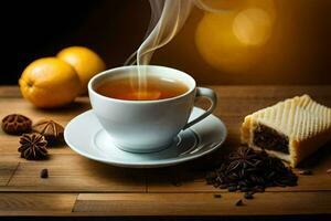 a cup of tea with a slice of lemon and spices. AI-Generated photo