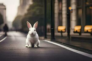 a white rabbit sitting on the street in front of a building. AI-Generated photo