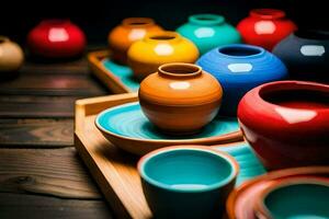 colorful ceramic vases and bowls on a wooden table. AI-Generated photo