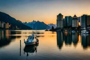 a boat sits in the water at sunset with mountains in the background. AI-Generated photo