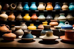 a collection of colorful pottery vases on a shelf. AI-Generated photo