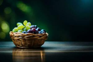 grapes in a basket on a table. AI-Generated photo