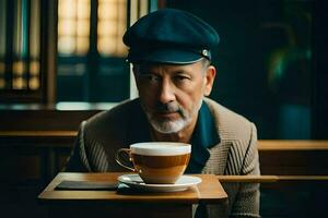 a man in a hat sits at a table with a cup of coffee. AI-Generated photo