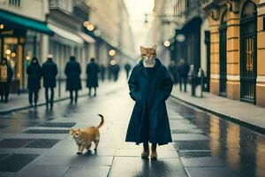 un mujer en un Saco y un gato caminar abajo un calle. generado por ai foto