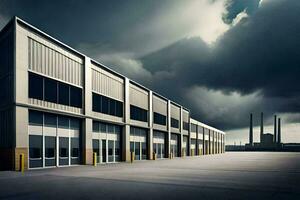 un grande industrial edificio con oscuro nubes en el antecedentes. generado por ai foto