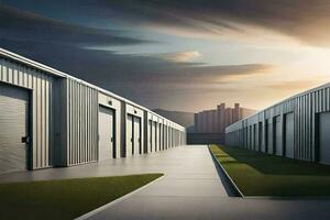 a row of metal storage buildings with a sky background. AI-Generated photo