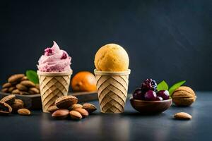 three ice cream cones with different flavors. AI-Generated photo