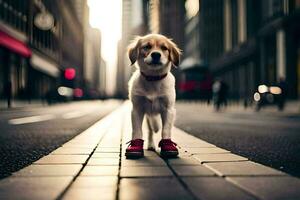 a dog wearing red shoes standing on a street. AI-Generated photo