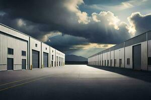 a large warehouse with a sky filled with clouds. AI-Generated photo