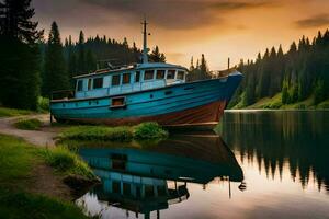 a boat sits on the shore of a lake at sunset. AI-Generated photo