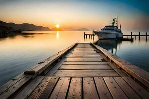 a boat docked at the end of a dock at sunset. AI-Generated photo