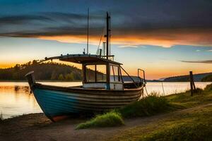 a boat sits on the shore at sunset. AI-Generated photo