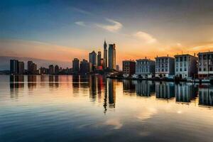 the city skyline is reflected in the water at sunset. AI-Generated photo