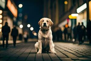 a dog sitting on the street at night. AI-Generated photo