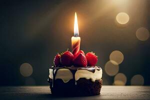 a small birthday cake with strawberries and a lit candle. AI-Generated photo