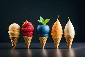 cinco diferente hielo crema sabores en conos generado por ai foto