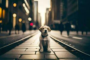 a dog sitting on the street in a city. AI-Generated photo