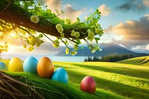 easter eggs in the grass. AI-Generated photo