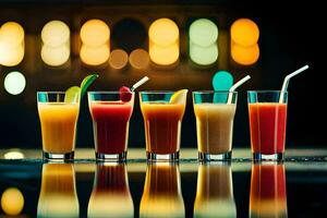 a row of glasses with different colored drinks. AI-Generated photo