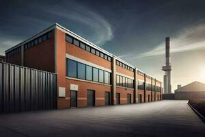 a factory building with a large factory in the background. AI-Generated photo