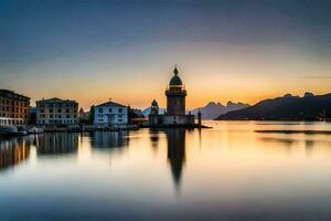 un hermosa puesta de sol terminado un lago con un reloj torre. generado por ai foto