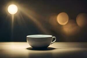 un café taza se sienta en un mesa en frente de un ligero. generado por ai foto