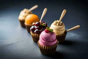 a row of cupcakes with different flavors. AI-Generated photo