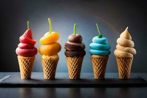 five ice cream cones with different colored toppings. AI-Generated photo