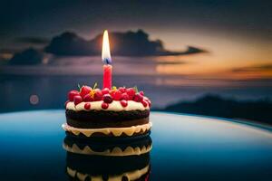 a birthday cake with a single candle on top. AI-Generated photo