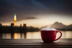 un rojo taza de café en un de madera mesa con un ver de un lago. generado por ai foto