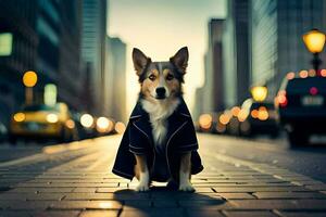 a dog wearing a coat sits on the street. AI-Generated photo