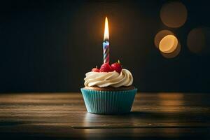 a cupcake with a lit candle on top. AI-Generated photo