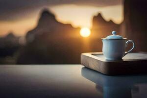 a cup of tea on a tray in front of a mountain. AI-Generated photo