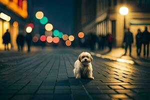 a small dog is standing on a brick road at night. AI-Generated photo