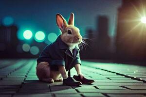 un Conejo en un traje y Corbata sentado en el suelo. generado por ai foto