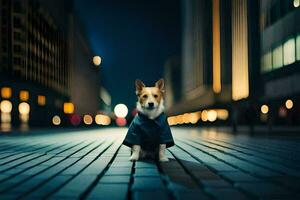 a dog in a coat standing on a street at night. AI-Generated photo
