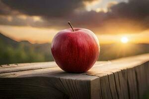 an apple sits on a wooden fence at sunset. AI-Generated photo