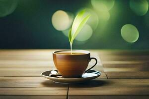 a cup of tea with a green leaf. AI-Generated photo