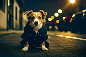 a dog in a coat sitting on the street at night. AI-Generated photo