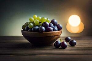 grapes in a wooden bowl on a table. AI-Generated photo