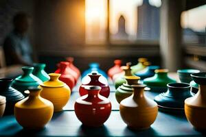 a table with many colorful vases on it. AI-Generated photo